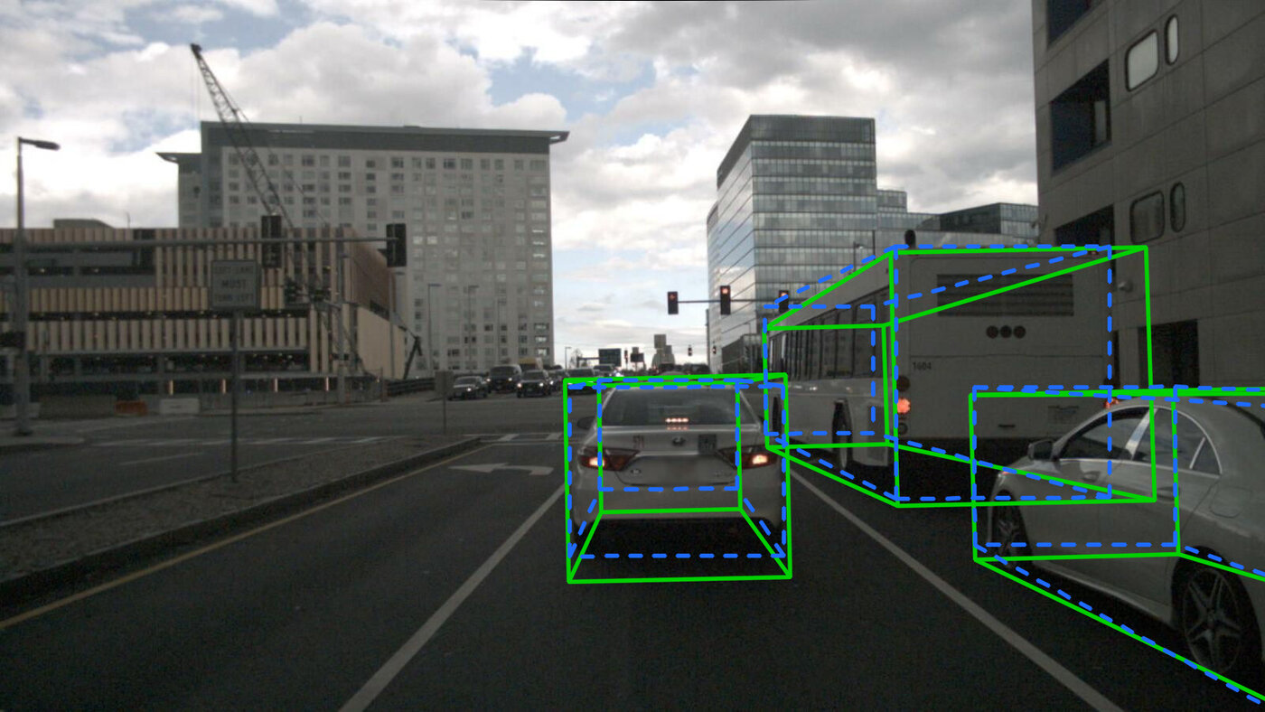 3D bounding boxes on a street scene